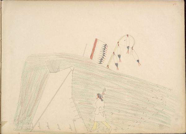 Navajo Returning to His Tepee and Finds Tracks of His Horses that have been Stolen by Kiowas – Pursues Kiowas who are just over the Hill from His Camp and is Killed by Them