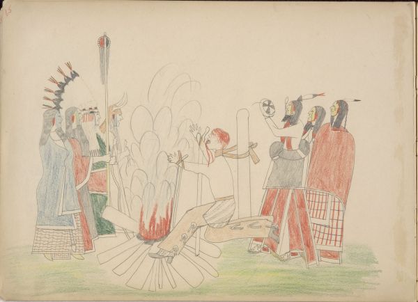 Braves Dancing around White Captive Who is being Burnt to the Stake (After being Scalped)