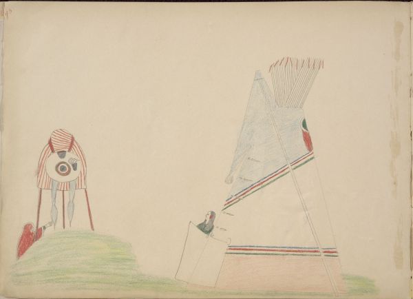 Guo-chaudle (Kiowa) behind Medicine Shield Beckoning for His Sweetheart to Come to Him