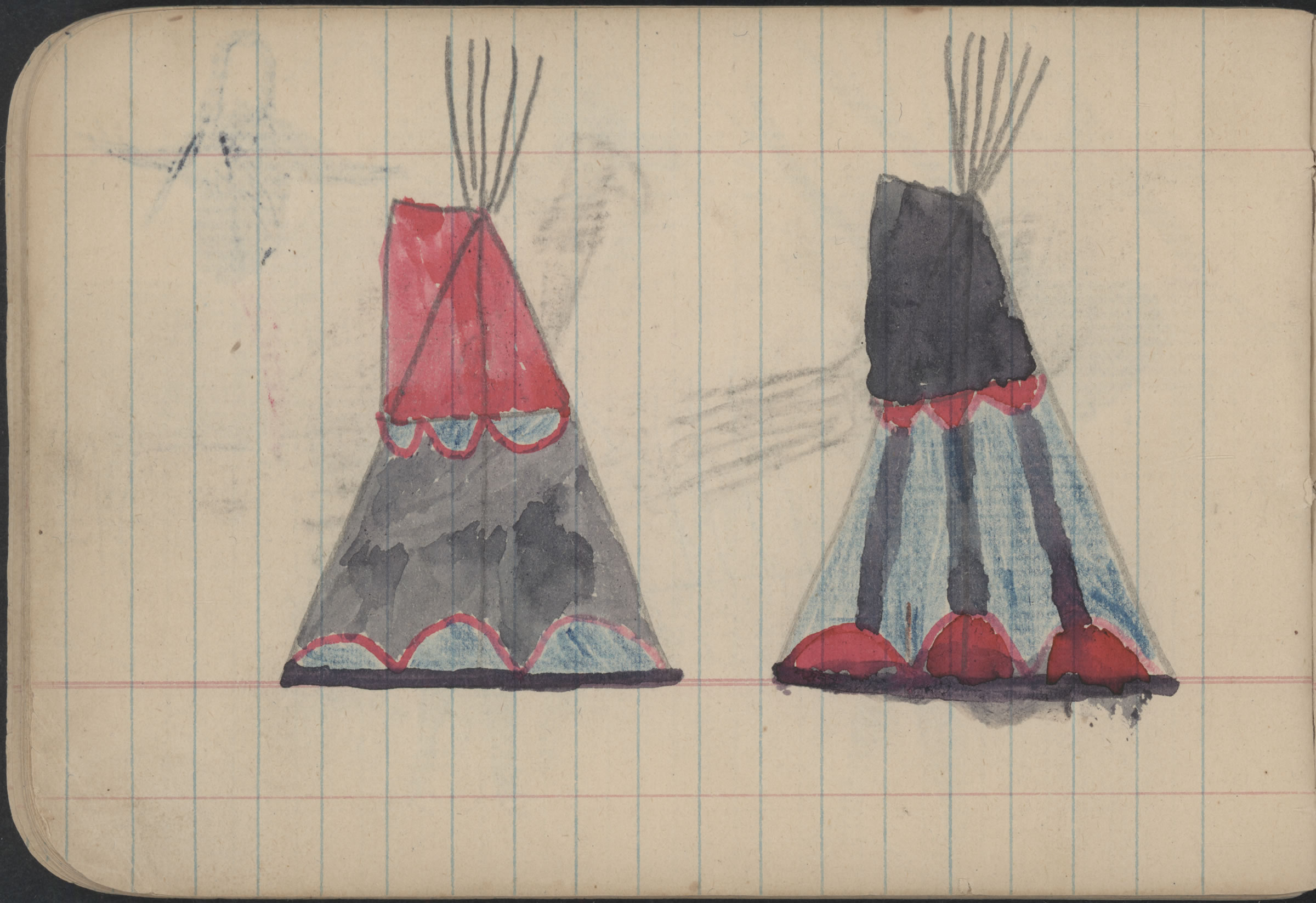 BIRDS: Two Golden Eagles; CAMP: Two Painted Tipis