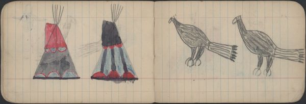 BIRDS: Two Golden Eagles; CAMP: Two Painted Tipis