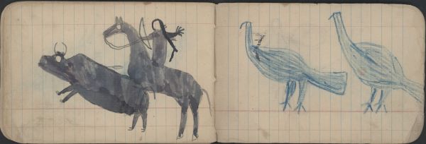 BIRDS: Two Blue Grouse (?); HUNTING: Man on Black Horse Shoots Buffalo with Arrow
