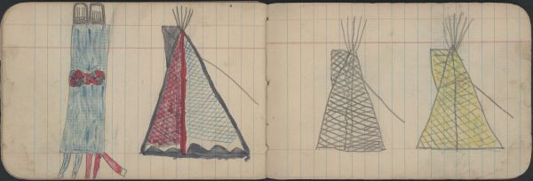 COURTING SCENE: Couple in Courting Blanket before Tipi; CAMP SCENE: Two Tipis 