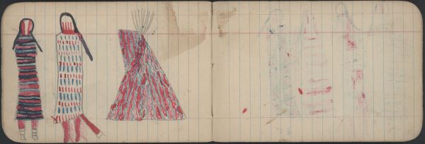COURTING: Man and Woman Stand before a Red Tipi with Jagged Power Lines; Blank Page