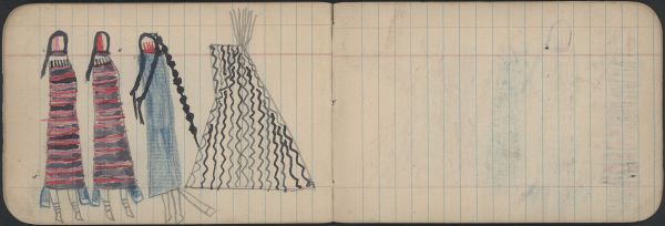 COURTING:  White Tipi with Black Power Lines, Man in Blue Blanket, and Two Women in First Phase Havajo Chief's Blanket; Blank Page