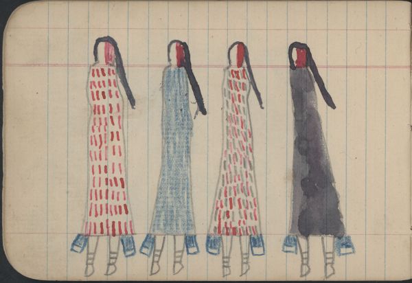 GROUPS, WOMEN: Four Women in Black, Red-and-Blue, Blue, and Red-and-White Blankets; Blank Page
