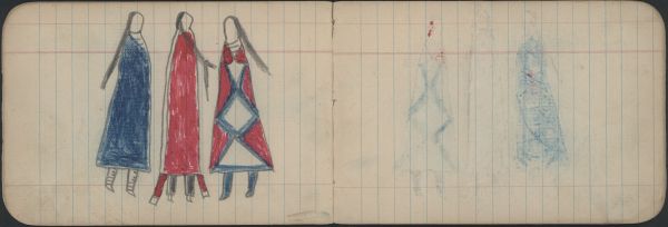 COURTING: Man in Red "Skunk" Blanket between Two Woman (Blue and 2nd Phase Chief's Blanket); Blank Page