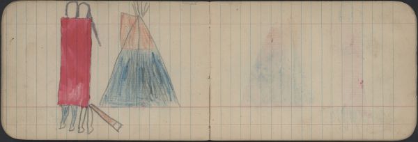 COURTING: Couple Wrapped in Red Blanket before a Blue and Red Tipi; Blank Page