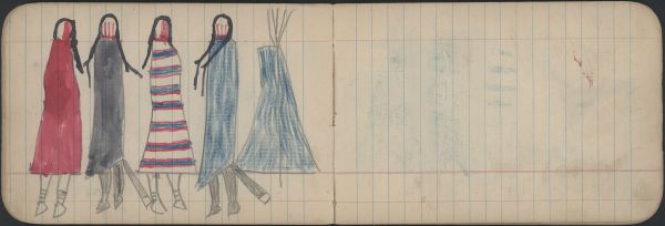 COURTING: Two Men and Two Women (One in First-Phase Chief’s Blanket) before Blue Tipi; Blank Page