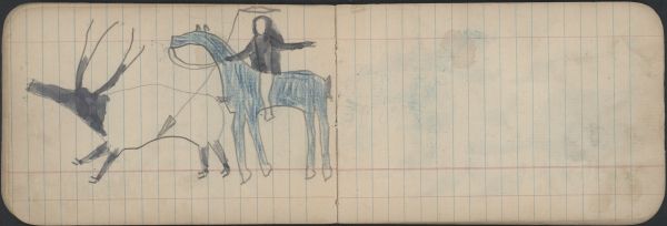 HUNTING SCENE: Man on Blue Horse Lances Elk; Blank Page