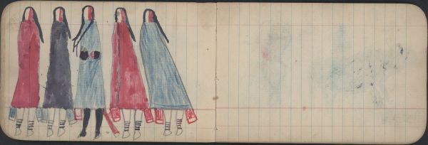 COURTING: One Man in Lakota Blanket with Beaded Strip and Four Women; Blank Page