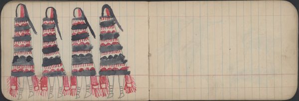GROUP, WOMEN: Four Women in Black-Red-White Blankets and Red Fringed Leggings; Blank Page