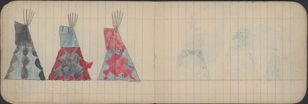 CAMP: Three Red and Blue/Black Painted Tipis; Blank Page