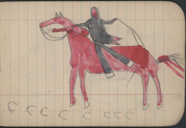 WAR, BATTLE: Cheyenne Man on Red Horse Faces Enemy on Black Horse with Carbine