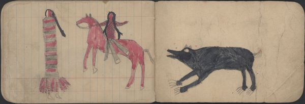 ANIMAL: Bear;  COURTING: Man on Red Horse Courts Woman in Striped Blanket