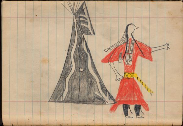 Tipi and woman in red-wool dress