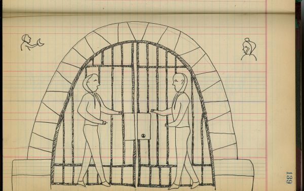 2 men with glyphs at prison gate