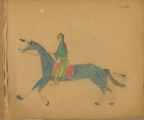 Woman in green blouse and belt riding blue horse