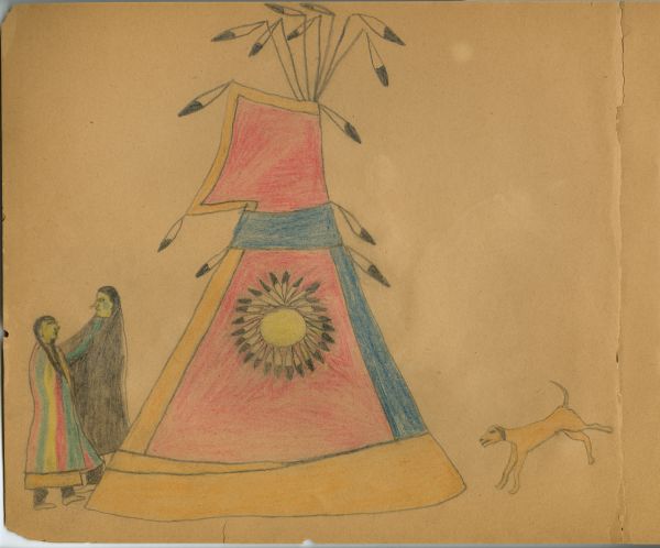 Man in cape, women in rainbow blanket in front of red and blue tipi with shield (whirlwind) and dog!