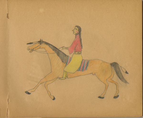Woman in red blouse, yellow shirt on brown horse