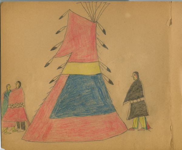 Couple before red, blue and yellow tipi, man in back