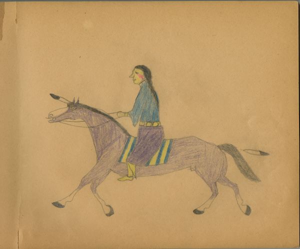 Woman in blue blouse riding purple horse