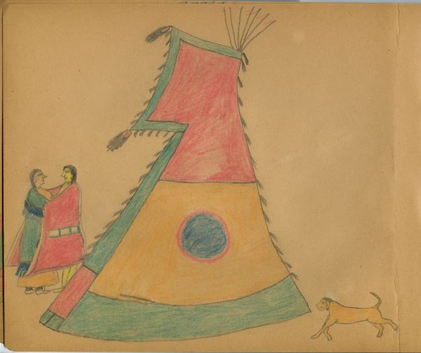 Man in red cape and woman in green before tipi in red, orange and green with blue circle and dog!