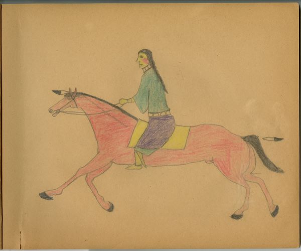 Woman in green dress riding red horse