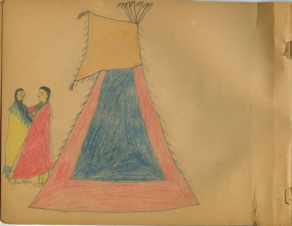 Woman in yellow / man in red, before red and blue tipi