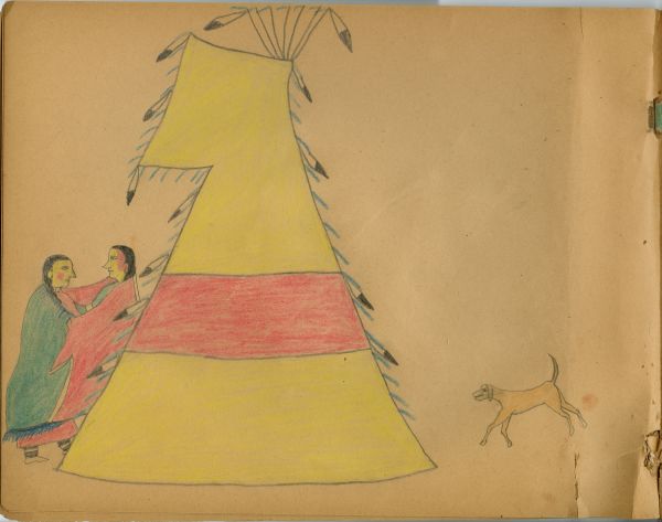 Woman in green, man in red, before yellow tipi with red band