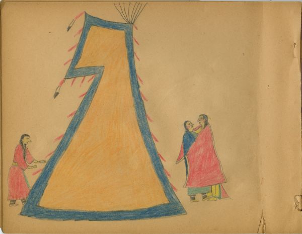 Couple in red robe behind tipi, woman in red dress emerging [from] orange tipi with blue outline