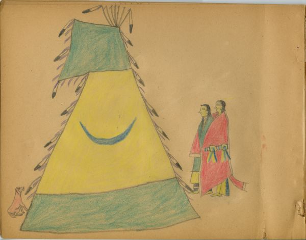 Dog in front, couple in rear of yellow tipi with green moon and band on top - bottom