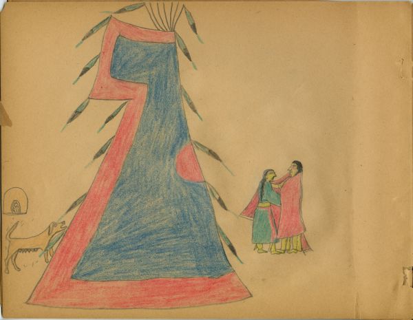 Out building and dog in front, couple in back of blue tipi with red circle and outline