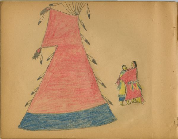 Couple in red robe with blanket strip behind red tipi with blue band