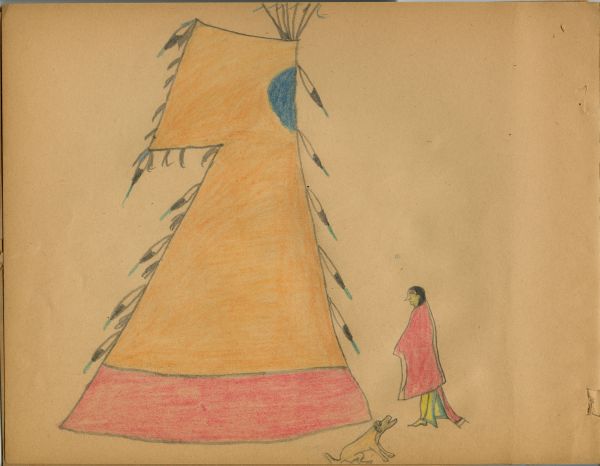 Man and dog behind orange tipi with blue circle and red band