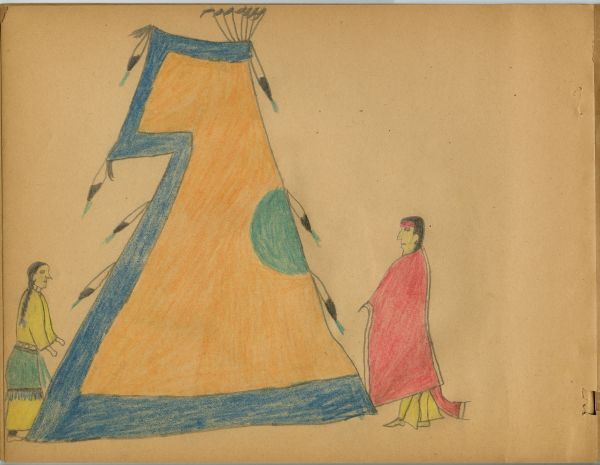 Woman in yellow in front, man in red behind, orange tipi with green circle and blue outline