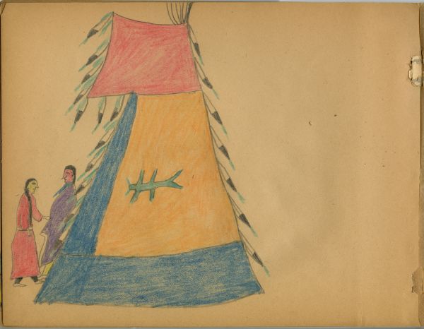 Woman in red and man in purple in front of tipi with green dragonfly on orange and red, blue bands