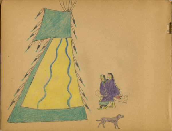 Couple in purple blanket and dog back of tipi in yellow and green with blue power lines