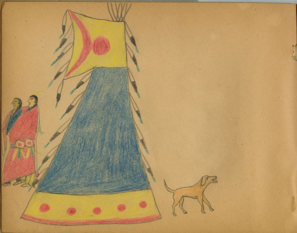 Man and woman in red robe with blanket strip in front of blue tipi with red moon and sun / circles on yellow bands at top and bottom