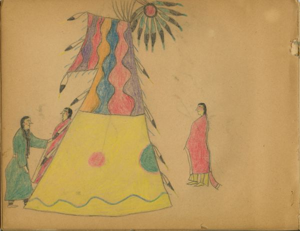 Woman in green and woman (?) in red in front of tipi, yellow lower ½ with red and green circles, multicolor wavy bands at top. Man in red robe behind, Little Whirlwind shield at top.