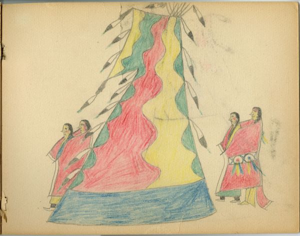 2 couples on either side of tipi with multicolor vertical waves and blue horizontal band