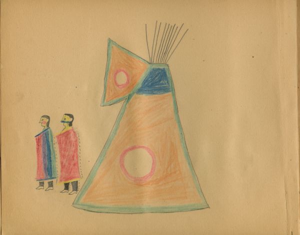 Man and woman in front of tipi
