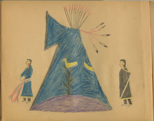 Woman in front, man behind, blue tipi with yellow birds