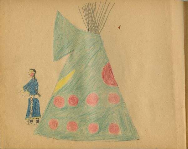 Woman in front of green tipi with red circles