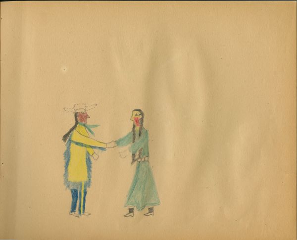Woman in green dress shaking hand with man in buckskin jacket and military trousers