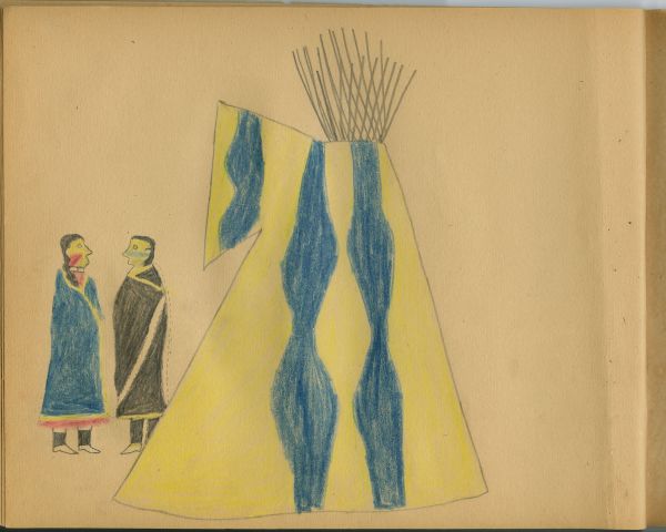 Man and woman facing in front of yellow and blue tipi