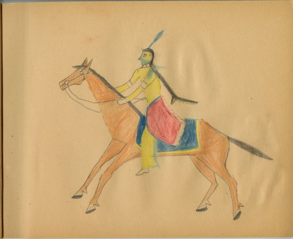 Man in yellow with red breechclout on horseback