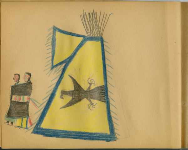 Man and woman in blanket with blanket strip in front of yellow tipis / thunderbird outlined in blue