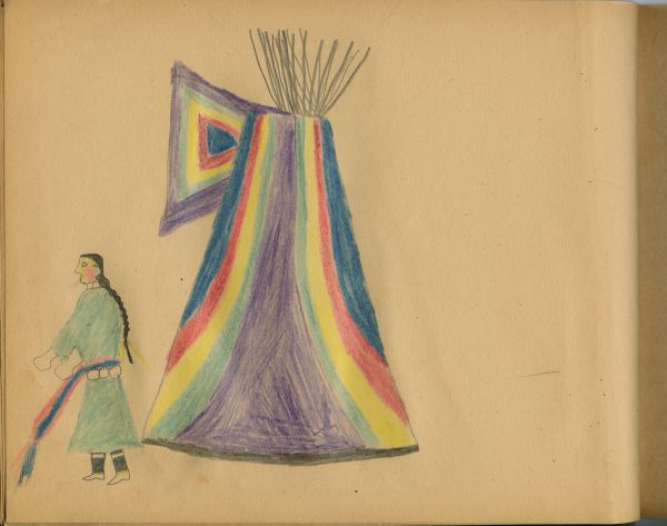 Woman in green in front of rainbow tipi