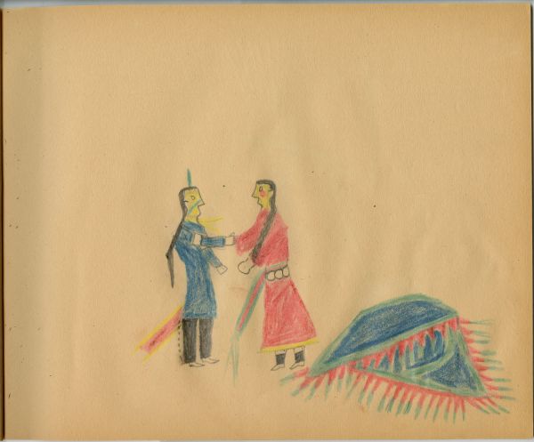 Man and woman shaking hand near blanket